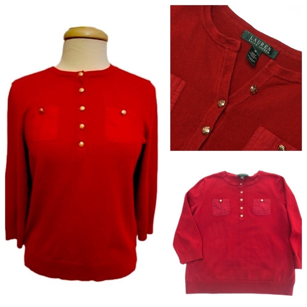 Women’s Lauren Ralph Lauren Red Knit Top Sweater with Gold Buttons Size Small